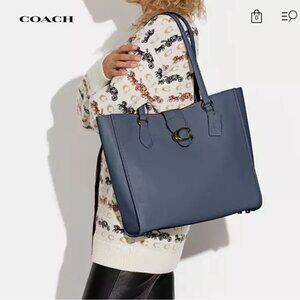 NWT - Coach Theo Leather Tote Bag in Pewter/Washed Chambray
